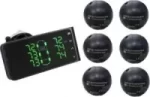 Handheld electronic device with a bright green digital display on the left, beside six black spheres with white text arranged in two columns on the right.